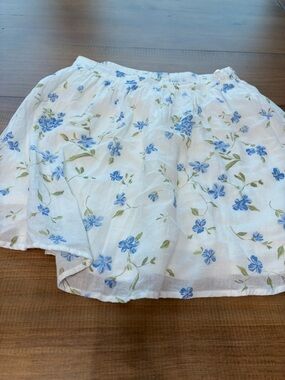 White Floral Cotton Blend Skirt with Blue Blossoms